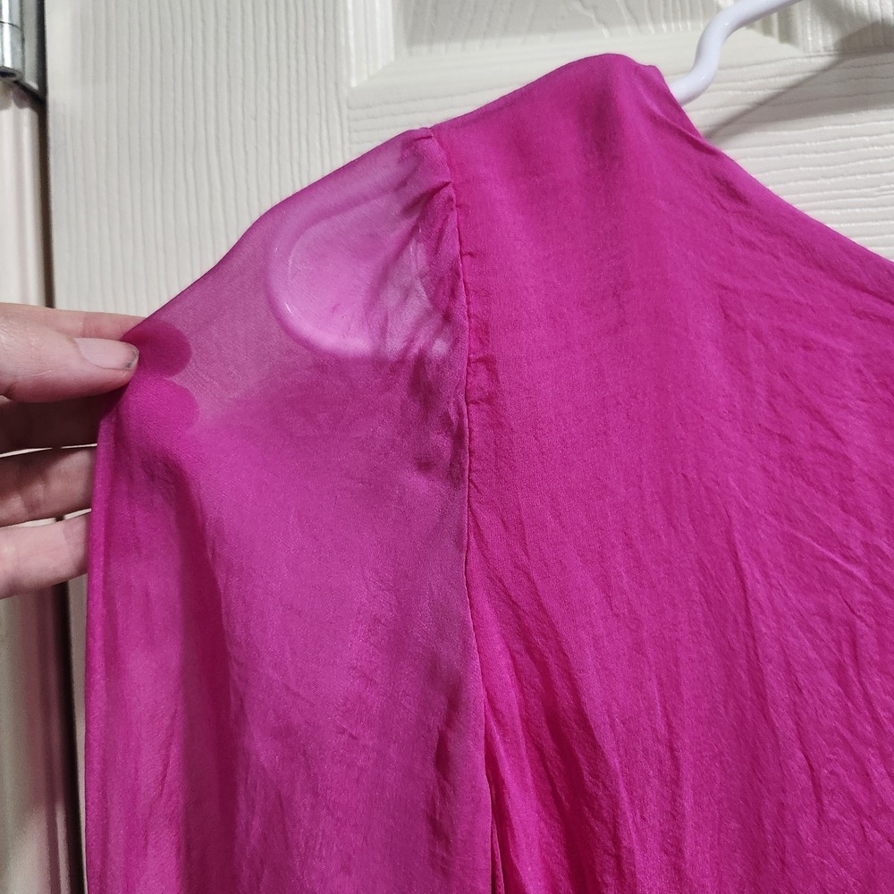 JOSH Made Italy Silk Blouse Womens Fuchsia Pink Sheer Sleeve Keyhole Top - Picture 12 of 12